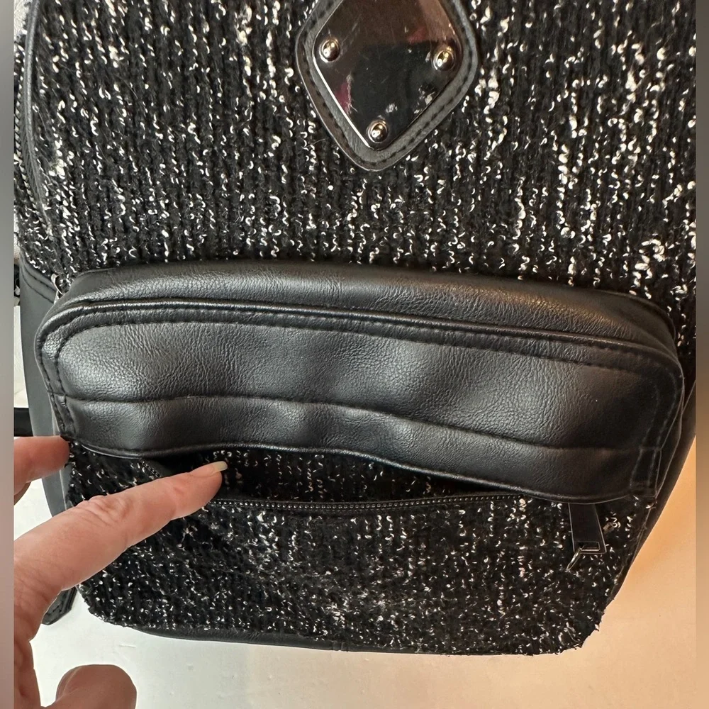 Claire’s Black Woven Faux Leather and Fabric Backpack With Silver Hardware